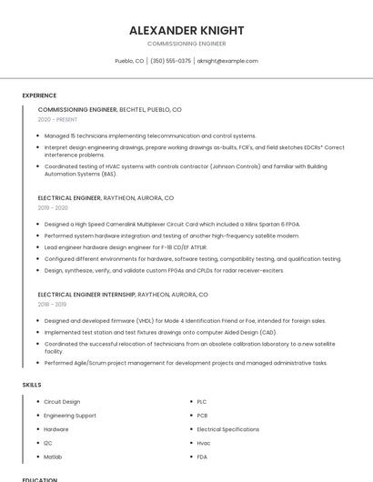 Commissioning Engineer Resume