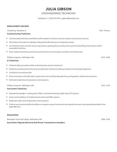 Commissioning Technician Resume