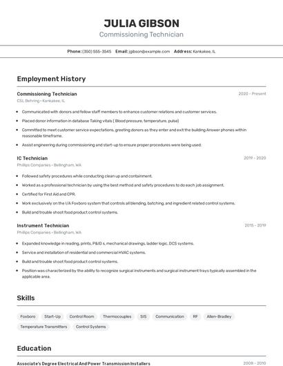 Commissioning Technician Resume