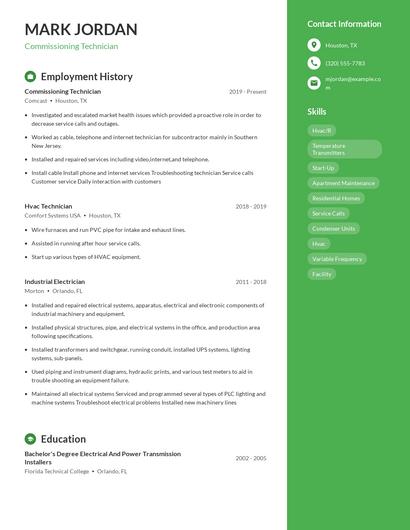 Commissioning Technician Resume