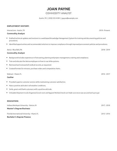Commodity Analyst Resume