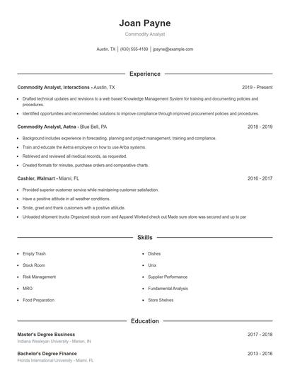 Commodity Analyst Resume