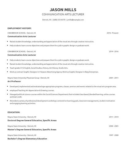 Communication Arts Lecturer Resume