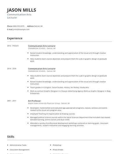 Communication Arts Lecturer Resume