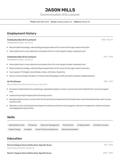 Communication Arts Lecturer Resume