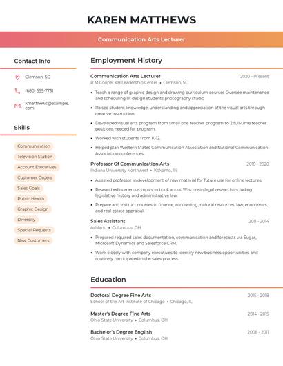 Communication Arts Lecturer Resume