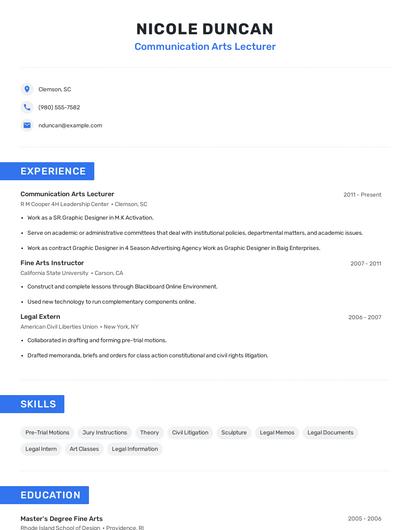 Communication Arts Lecturer Resume
