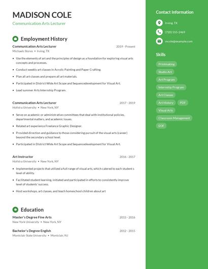 Communication Arts Lecturer Resume