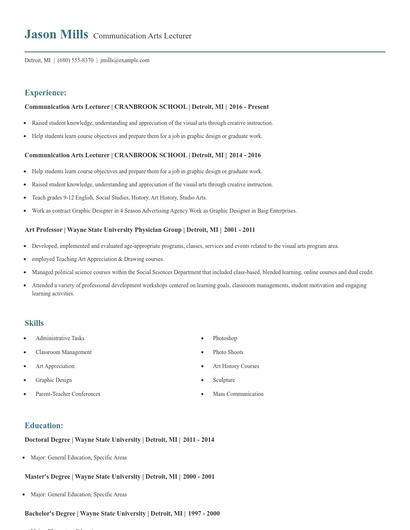 Communication Arts Lecturer Resume