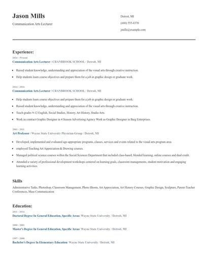 Communication Arts Lecturer Resume