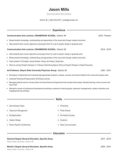 Communication Arts Lecturer Resume