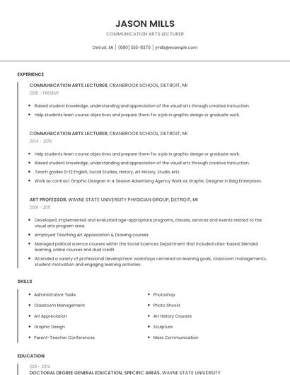 Communication Arts Lecturer Resume