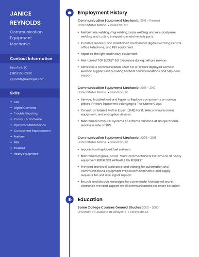 Communication Equipment Mechanic Resume