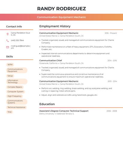 Communication Equipment Mechanic Resume
