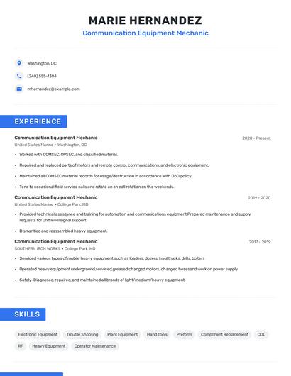 Communication Equipment Mechanic Resume