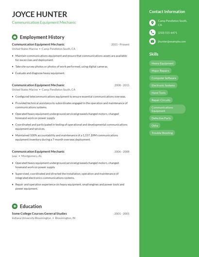 Communication Equipment Mechanic Resume