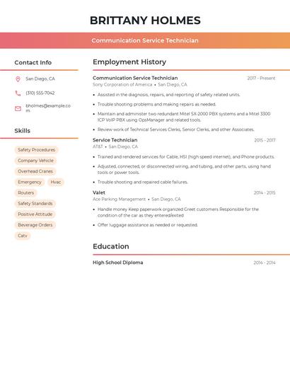 Communication Service Technician Resume