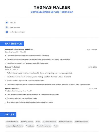 Communication Service Technician Resume