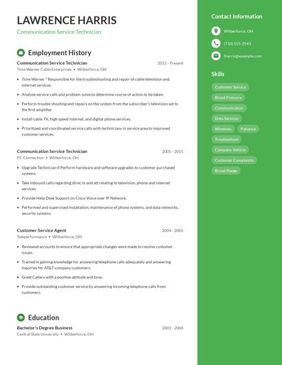 Communication Service Technician Resume