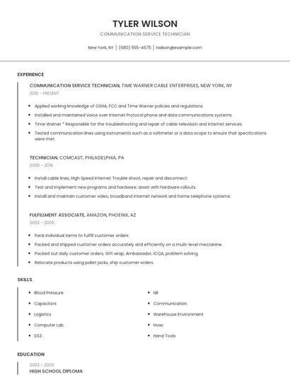 Communication Service Technician Resume