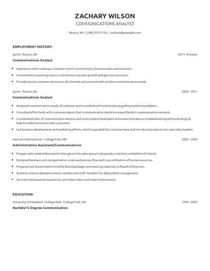 Communications Analyst Resume