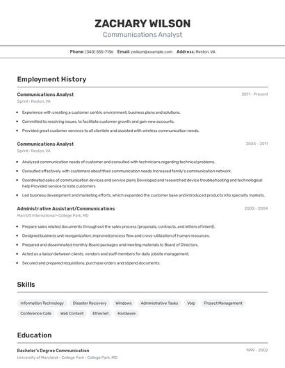 Communications Analyst Resume