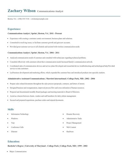 Communications Analyst Resume