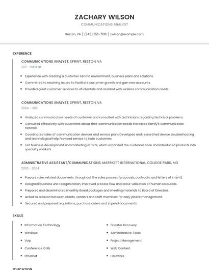 Communications Analyst Resume