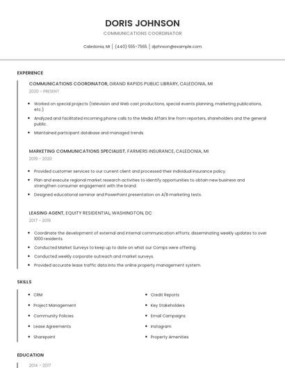 Communications Coordinator Resume