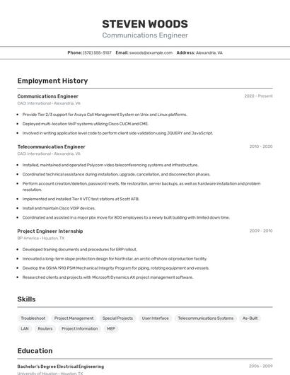 Communications Engineer Resume
