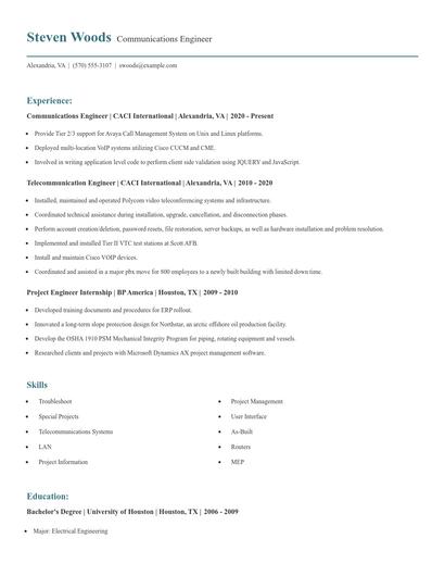 Communications Engineer Resume