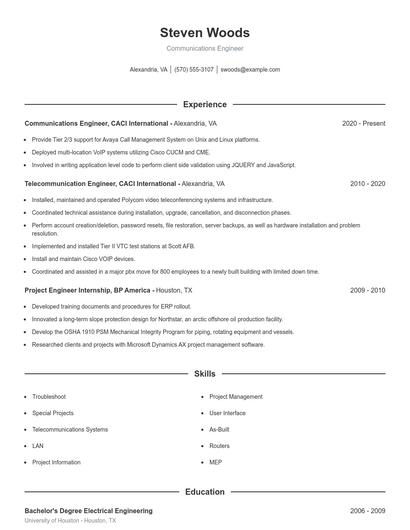 Communications Engineer Resume