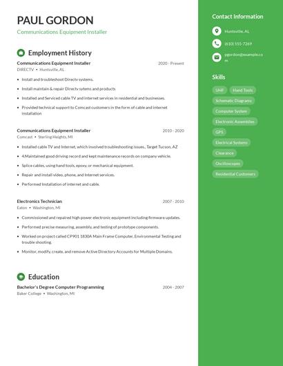 Communications Equipment Installer Resume