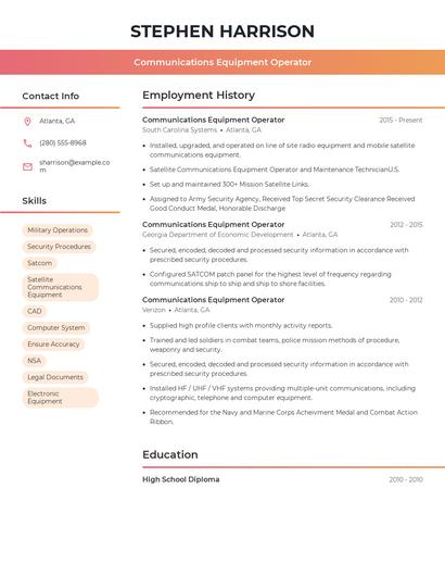 Communications Equipment Operator Resume