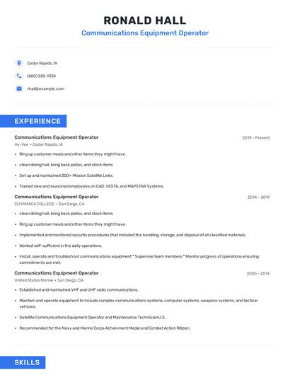 Communications Equipment Operator Resume