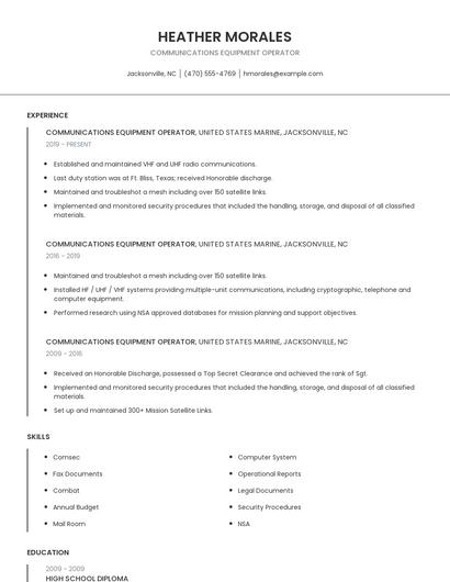 Communications Equipment Operator Resume