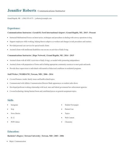 Communications Instructor Resume