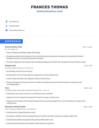 Communications Lead Resume