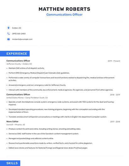 Communications Officer Resume