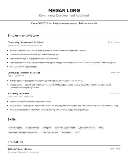 Community Development Assistant Resume