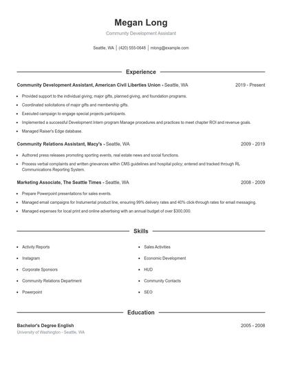 Community Development Assistant Resume