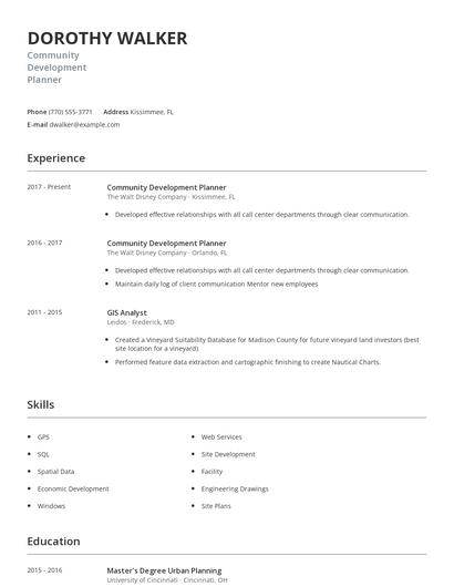 Community Development Planner Resume