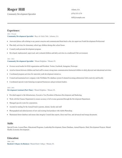 Community Development Specialist Resume