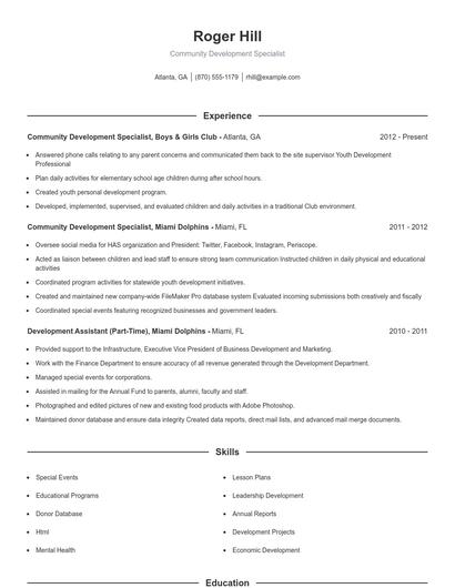 Community Development Specialist Resume