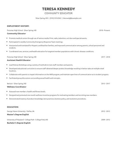 Community Educator Resume