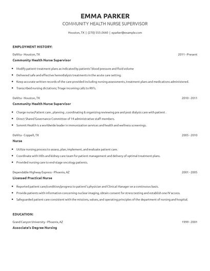 Community Health Nurse Supervisor Resume