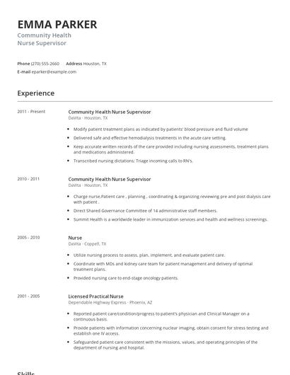 Community Health Nurse Supervisor Resume