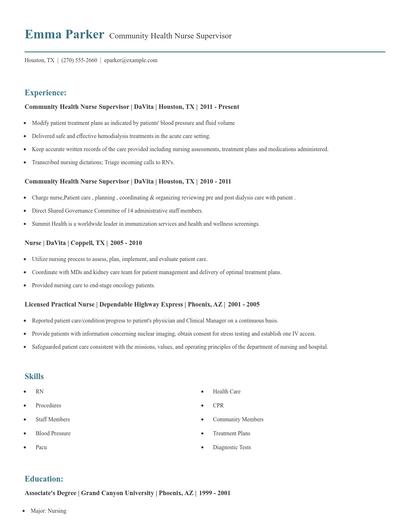 Community Health Nurse Supervisor Resume