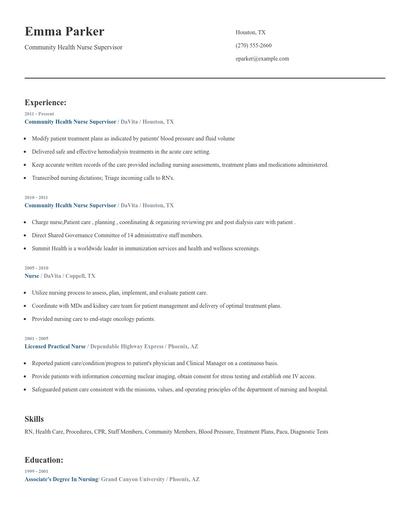 Community Health Nurse Supervisor Resume