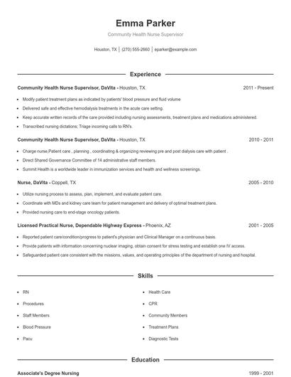 Community Health Nurse Supervisor Resume